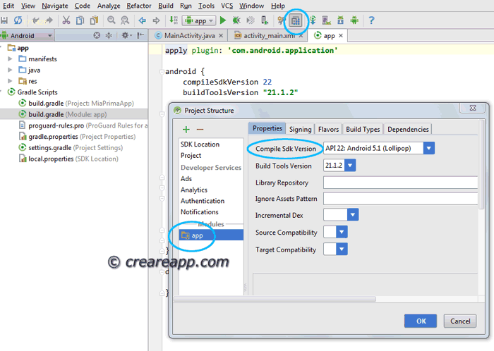 Impostazione API android studio