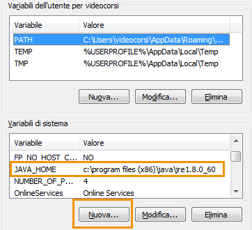 aggiunta variabile ambiente JAVA_HOME