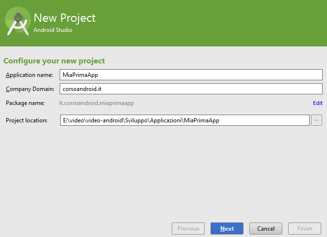 nuovo progetto android studio