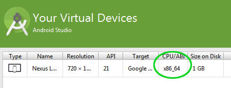 scelta cpu abi in android virtual device